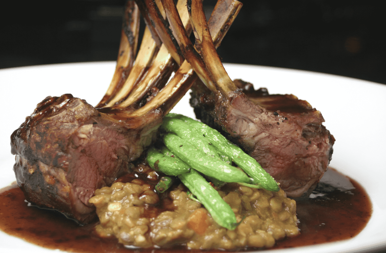 Rack of Lamb with Green Beans, Lentils, and Port Wine Reduction